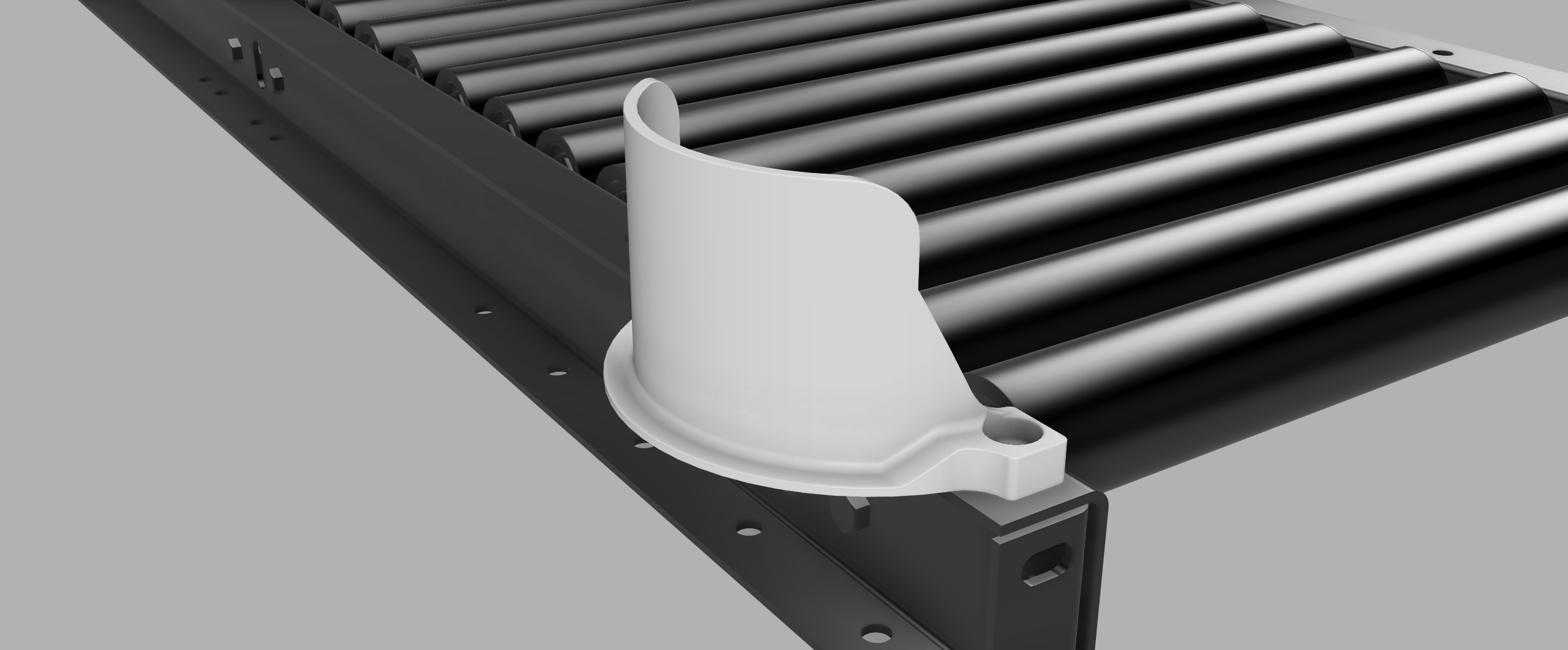 CAD render of sensor guard on conveyor frame
