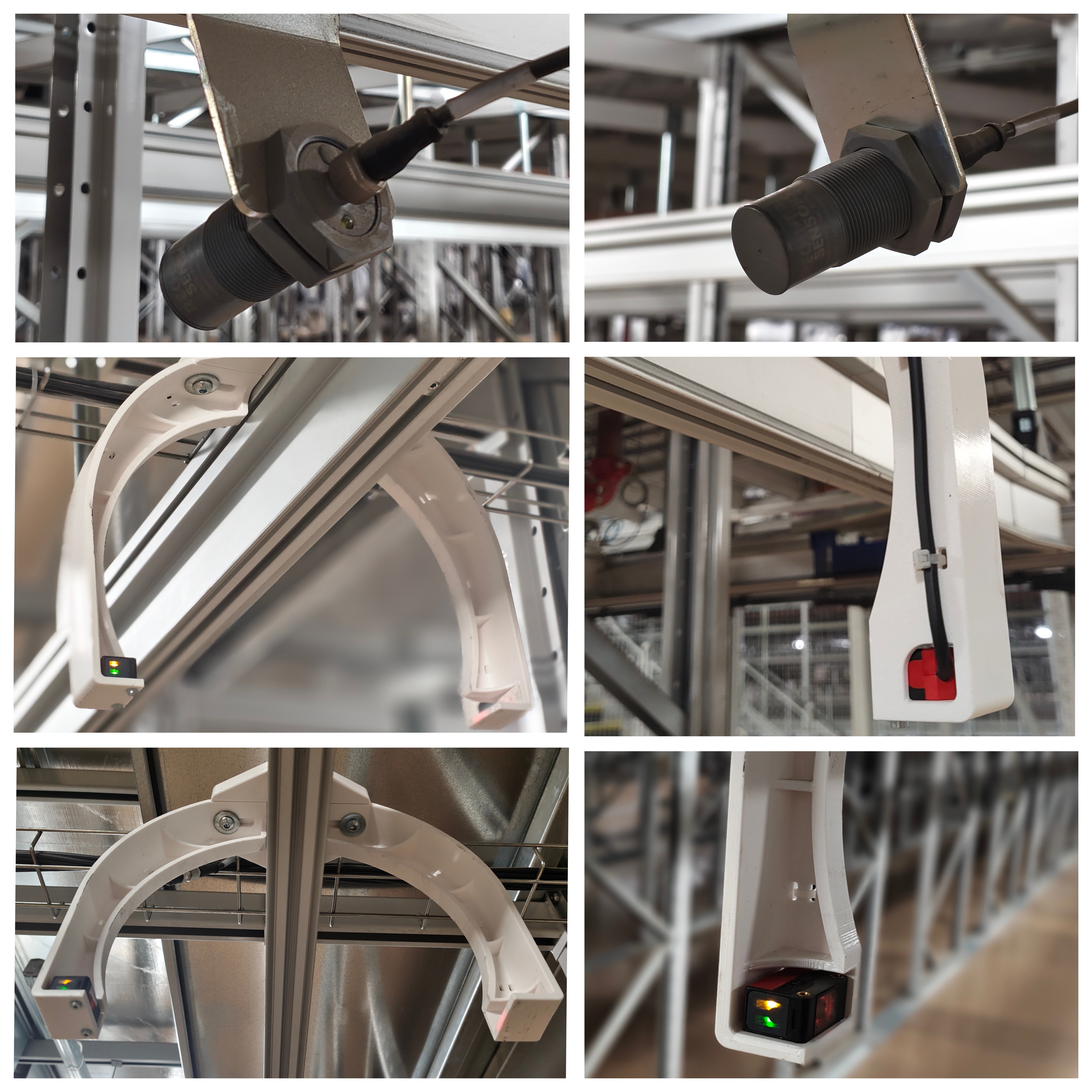 Lane full sensor bracket — before and after collage showing original cylindrical sensor exposed and new 3D printed bracket installed
