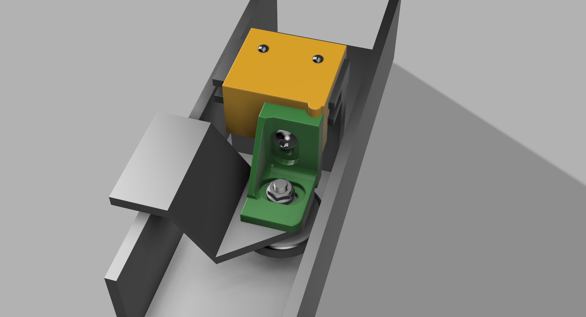 CAD render brush holder installed on shuttle in trough